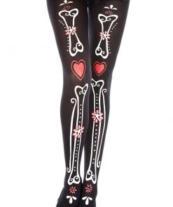 Music Legs Bone And Heart Print Pantyhose